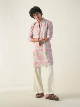 KISAH - Men Pink Printed Blended Fabric Kurta with Pant