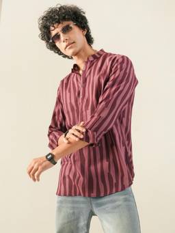 KISAH - Men Wine Stripes Cotton Short Kurta