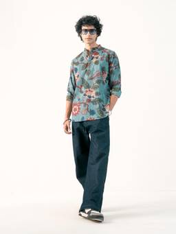 KISAH - Men Blue Floral Cotton Short Kurta