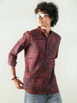 KISAH - Men Maroon Printed Blended Short Kurta