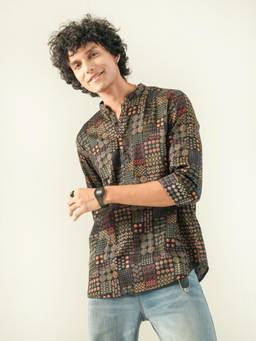 KISAH - Men Multi-Color Printed Blended Short Kurta