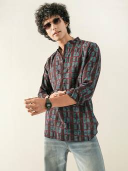 KISAH - Men Blue Geometric Cotton Short Kurta