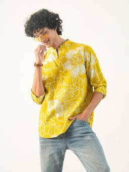 KISAH - Men Yellow Floral Cotton Short Kurta