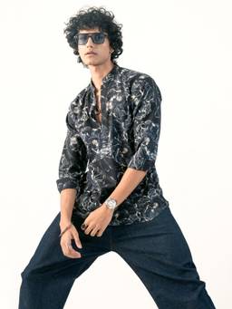 KISAH - Men Black Floral Cotton Short Kurta