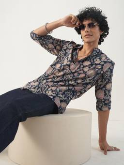 KISAH - Men Navy Blue Floral Cotton Short Kurta