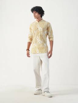 KISAH - Men Yellow Floral Cotton Short Kurta