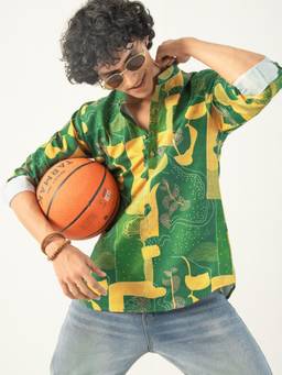 KISAH - Men Green Printed Blended Fabric Short Kurta