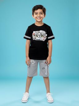 KiddoPanti - Boys Black Cotton T-Shirt & Cargo Shorts