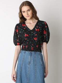 VERO MODA - Black Floral Printed Smocked Top