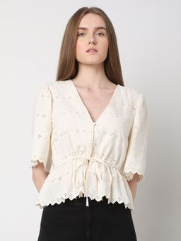VERO MODA - Off-White Self Design Schiffli Peplum Top