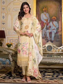 Sindh Fashion - Yellow Floral Kurta with Pant and Dupatta (Set of 3)
