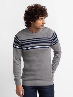 Spykar - Cement Grey Navy Cotton Full Sleeve Casual Sweater