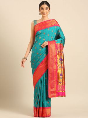 VARKALA SILK SAREES Teal Blue Soft Silk Maharani Paithani Saree with Unstitched Blouse