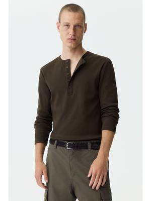 Buy H&M Men Green Slim Fit Ribbed Henley Shirt (XL)