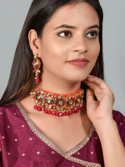 Silvermerc Designs - Rajputi Kundan Gold Plated Meenakari Choker Necklace and Earrings (Set of 2)