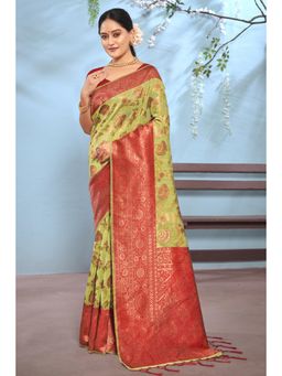 Sangam Prints - Parrot Green Cotton Woven Zari Work Traditional Tassel Saree with Unstitched Blouse