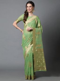 Akhilam - Green Festive Silk Blend Woven Design Saree with Unstitched