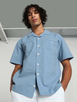 Puma - Blue Mmq Mens Relaxed Seersucker Casual Shirt