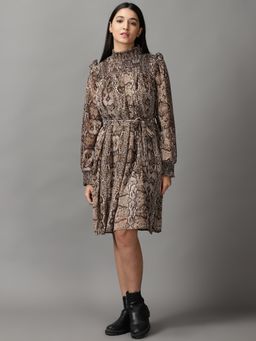 SHOWOFFFF - Womens Fit And Flare Beige Printed Dress (Set of 2)