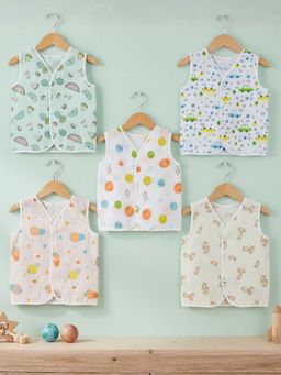 Baby Moo - Car And Fruit Print V-Neck Sleeveless Multi-Colour Cotton Jhablas (Pack of 5)