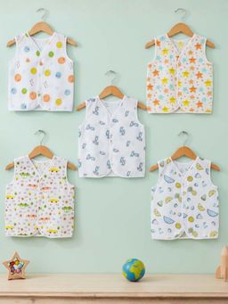 Baby Moo - Fruity Fun Prints V-Neck Sleeveless Multi-Colour Cotton Jhablas (Pack of 5)