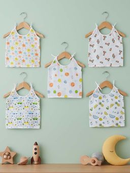 Baby Moo - Cars And Stars Round Neck Sleeveless Tie Knot Cotton Jhablas (Pack of 5)