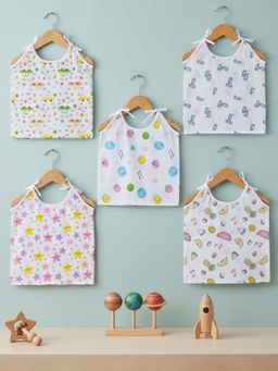 Baby Moo - Happy Sweet Stars Round Neck Sleeveless Tie Knot Cotton Jhablas (Pack of 5)