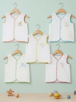 Baby Moo - Embroidered V-Neck Sleeveless Button Fly White Cotton Jhablas (Pack of 5)