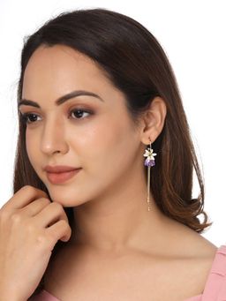 Yellow Chimes - Gold Tone Flower Designed Purple Crystal Long Chain Drop Dangle Earrings