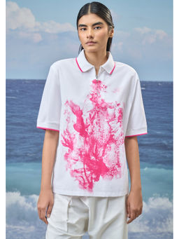 Genes Lecoanet Hemant - Women White Pure Cotton Graphic Collar Neck Polo T-Shirt