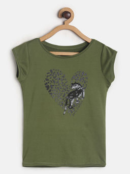 Tales & Stories - Girls Lycra Olive Embellished T-shirt