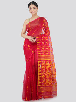 PinkLoom - Womens Soft Cotton Blend Jamdani Saree without Blouse -Red