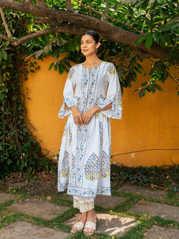 Maison Shefali - Blue and White Hand Block Printed Bhopali Kurta with Pants (Set of 2)