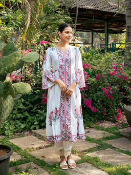 Maison Shefali - Pink and White Hand Block Printed Bhopali Kurta with Pants (Set of 2)