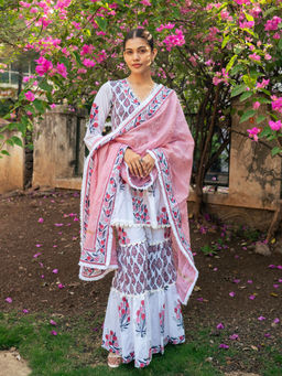 Maison Shefali - White and Pink Block Printed Kurta Dupatta Sharara (Set of 3)