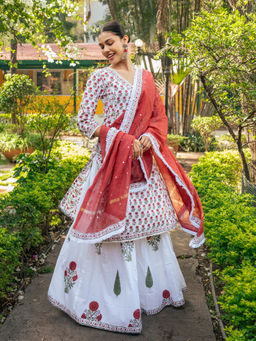 Maison Shefali - White & Red Hand Block Printed Kurta and Skirt with Dupatta (Set of 3)