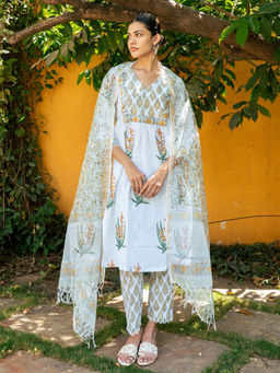 Maison Shefali - White and Yellow Hand Block Printed Kurta Pants & Dupatta (Set of 3)