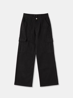 R&B - Solid Wide Girls Cargo Jeans - Black