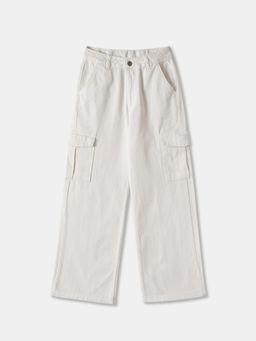 R&B - Solid Wide Girls Cargo Jeans - Off White