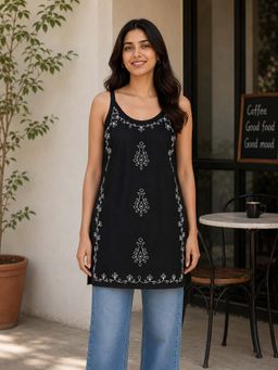 QAZMI - Women Black Viscose Rayon Sleeveless Embroidered Kurti