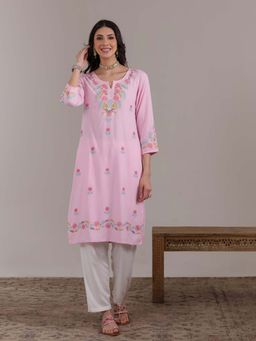 QAZMI - Women Pink Floral Embroidered Viscose Rayon Straight Kurta