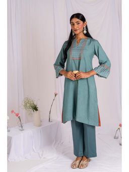 Mushio - Teal Cotton Silk Yoke Floral Embroidery Kurta