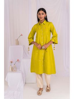 Mushio - Lemon Green Linen Hand Embroidered Kurta