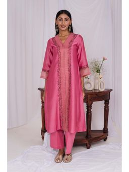 Mushio - Pink Floral Embroidered Chanderi Kurta