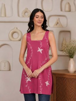 QAZMI - Women Pink Embroidered Viscose Rayon Sleeveless Kurti