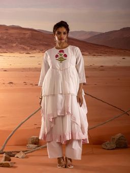 Jiraazi - Pink And White Asymmetrical Layered Handblock Print Kurta