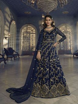 Odette - Teal Net Embroidered Semi Stitched Kurta (Set of 3)