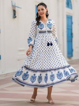 Rain & Rainbow - White White Ethnic Motifs Printed Cotton Fit and Flare Midi Dress