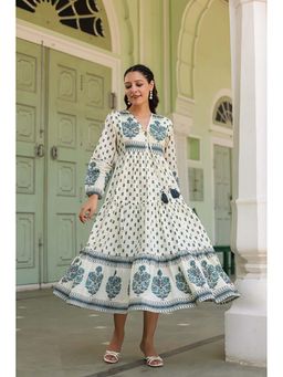 Rain & Rainbow - White Women Ethnic Printed Pure Cotton V-Neck Fit and White Flared Midi Ethnic Dresses