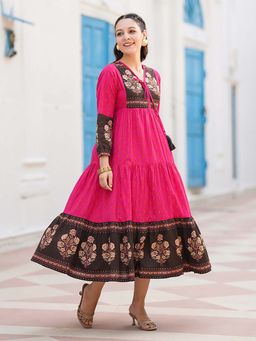 Rain & Rainbow - Pink Ethnic Motifs Printed Cotton Fit and Flare Midi Dress